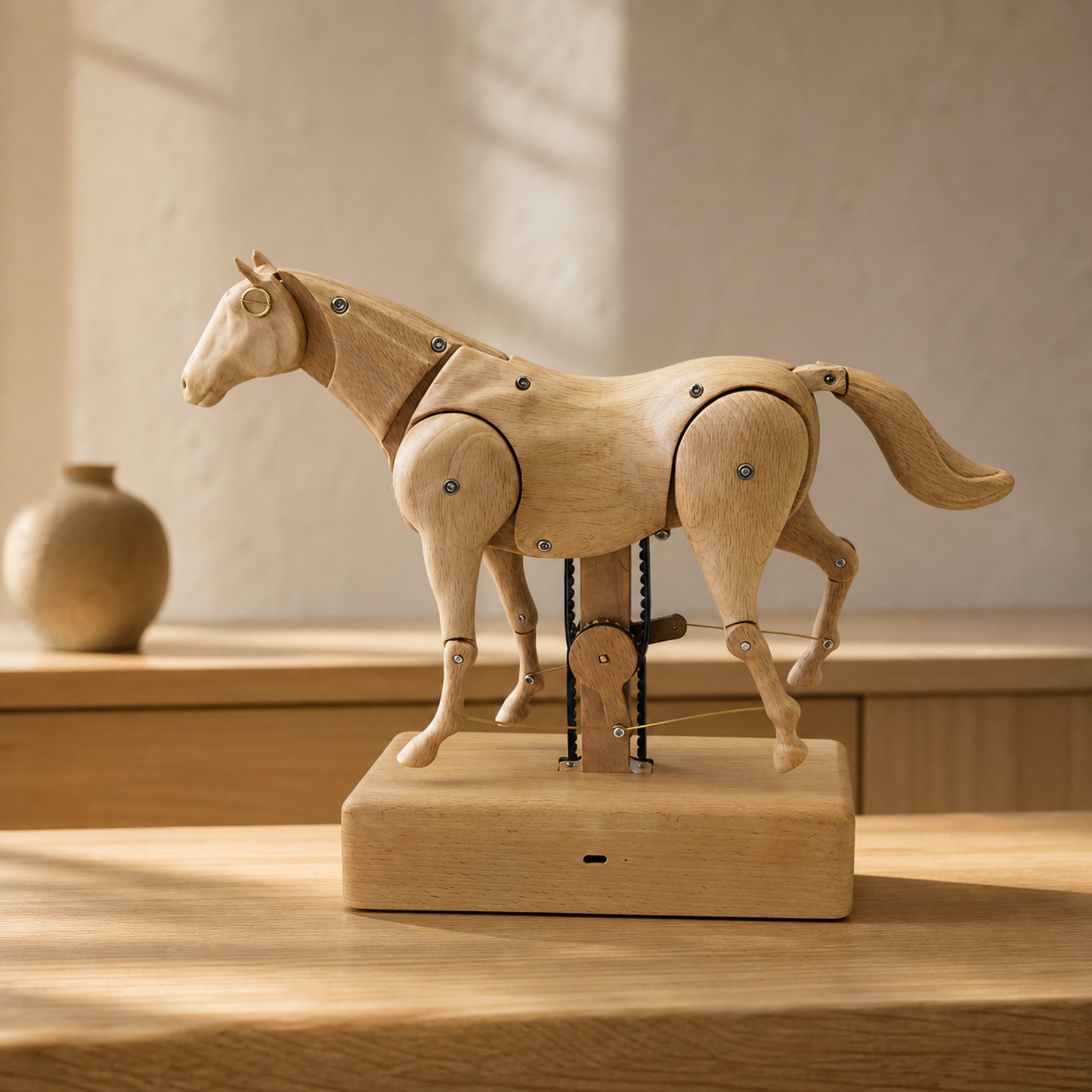 Handcrafted wooden horse automaton in light beechwood
