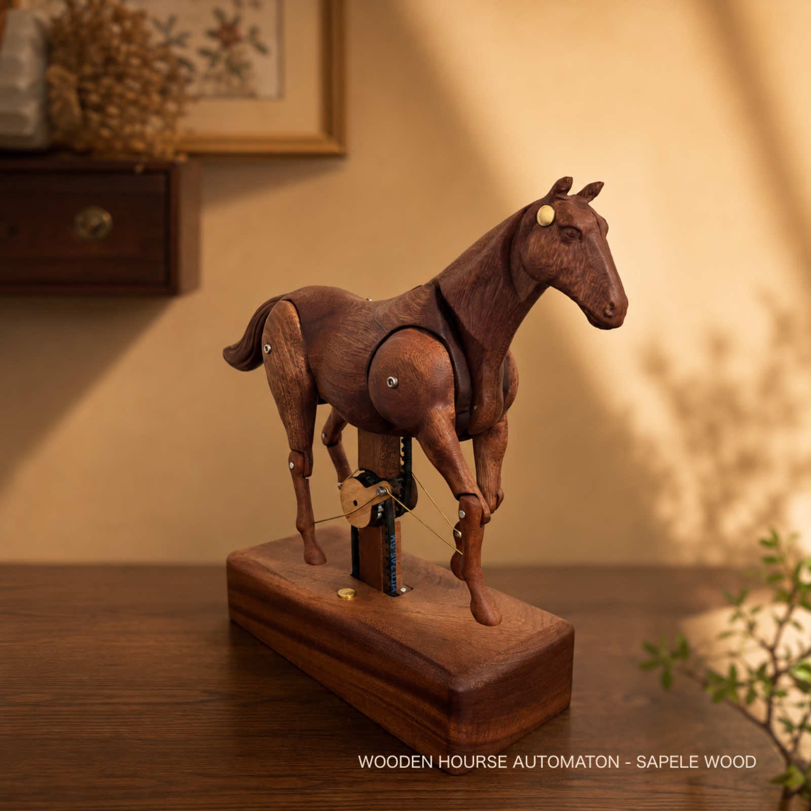 Handcrafted wooden horse automaton in dark Sapele wood