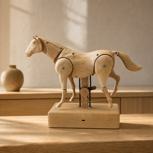 Wooden horse automaton displayed in a warm minimalist interior