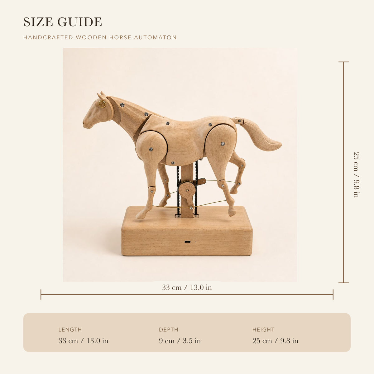 Wooden horse automaton size guide with metric and imperial measurements