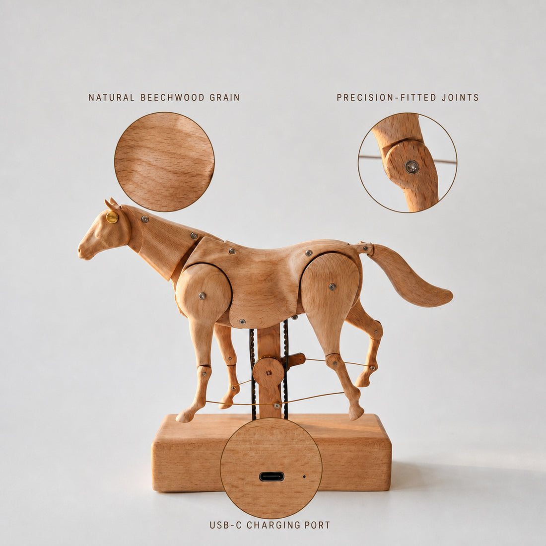 Wooden horse automaton craftsmanship details and USB-C charging port