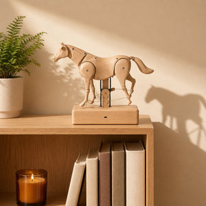 Wooden horse automaton on a sunlit oak bookshelf