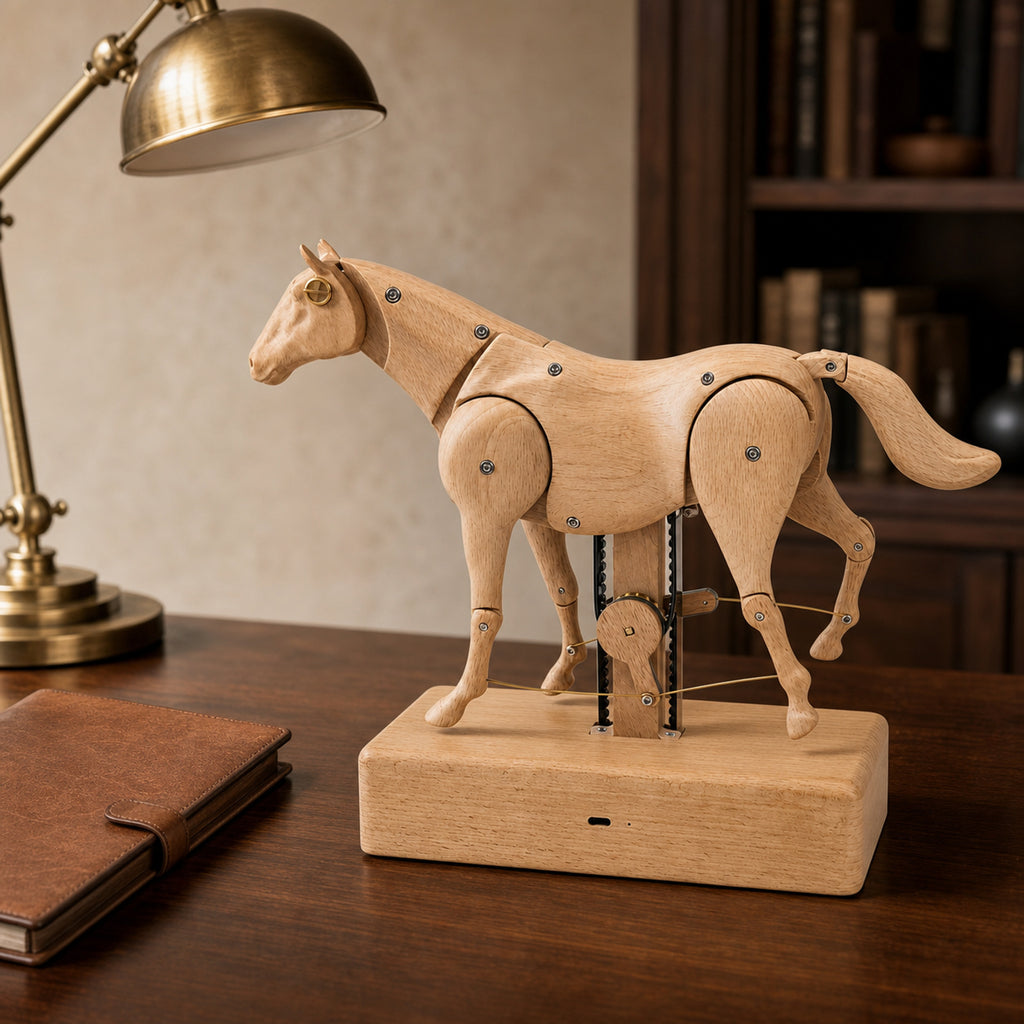 Wooden horse automaton displayed in an elegant executive study