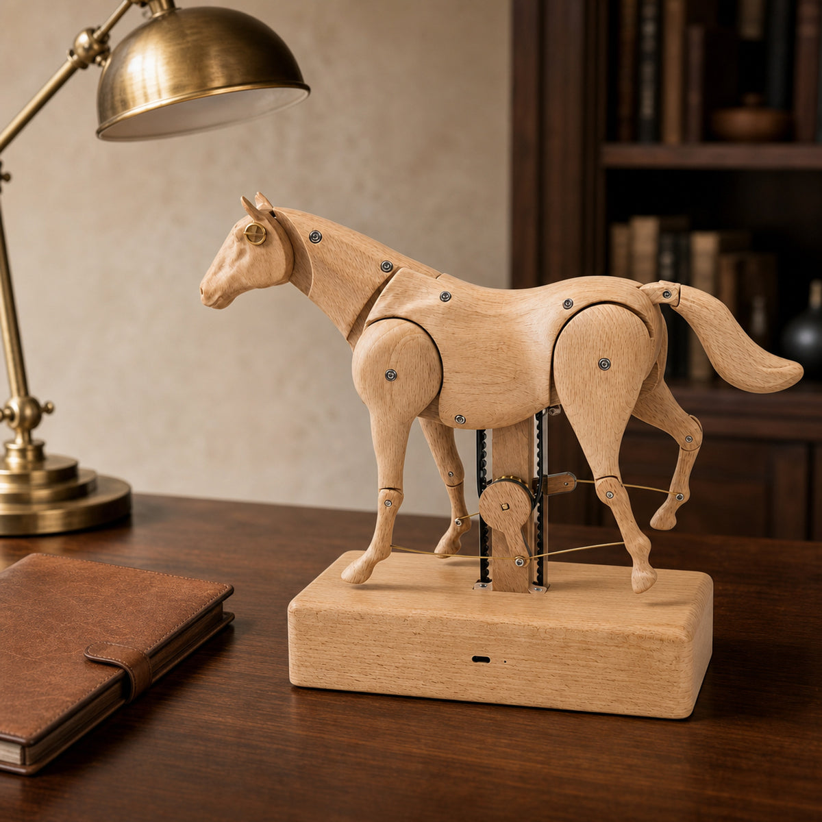 Wooden horse automaton displayed in an elegant executive study