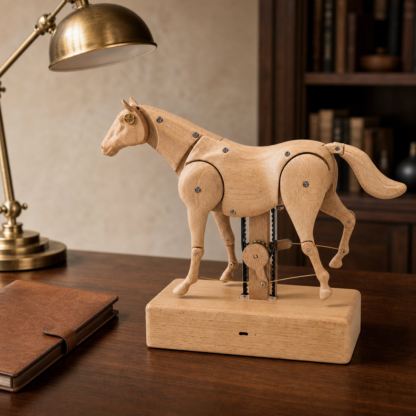 Wooden horse automaton displayed in an elegant executive study