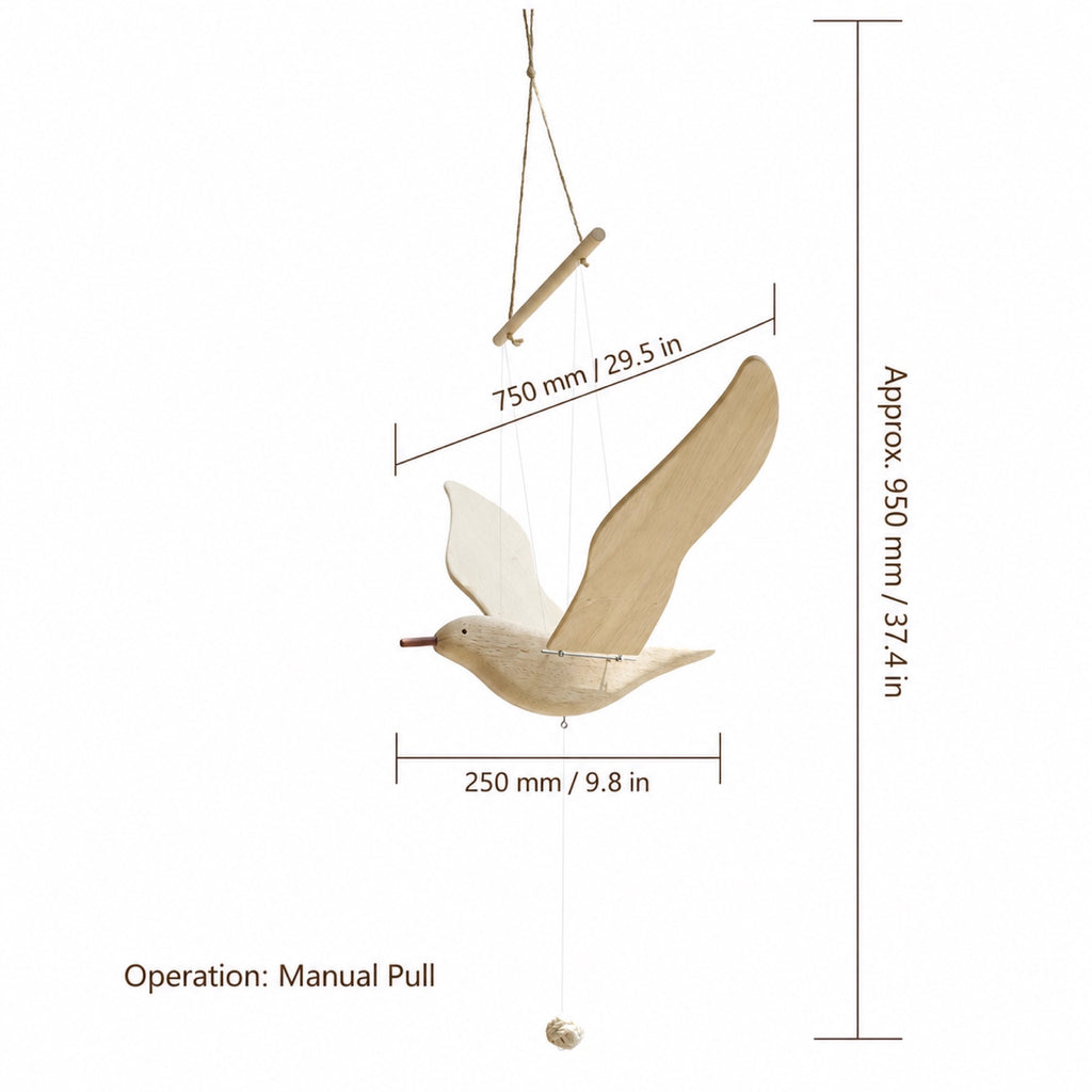 English size guide for the Wooden Balancing Seagull Mobile with metric and imperial measurements.