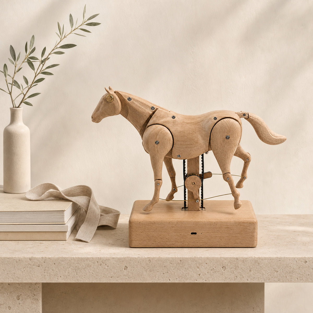 Wooden horse automaton styled on a minimalist entryway console