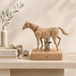 Wooden horse automaton styled on a minimalist entryway console