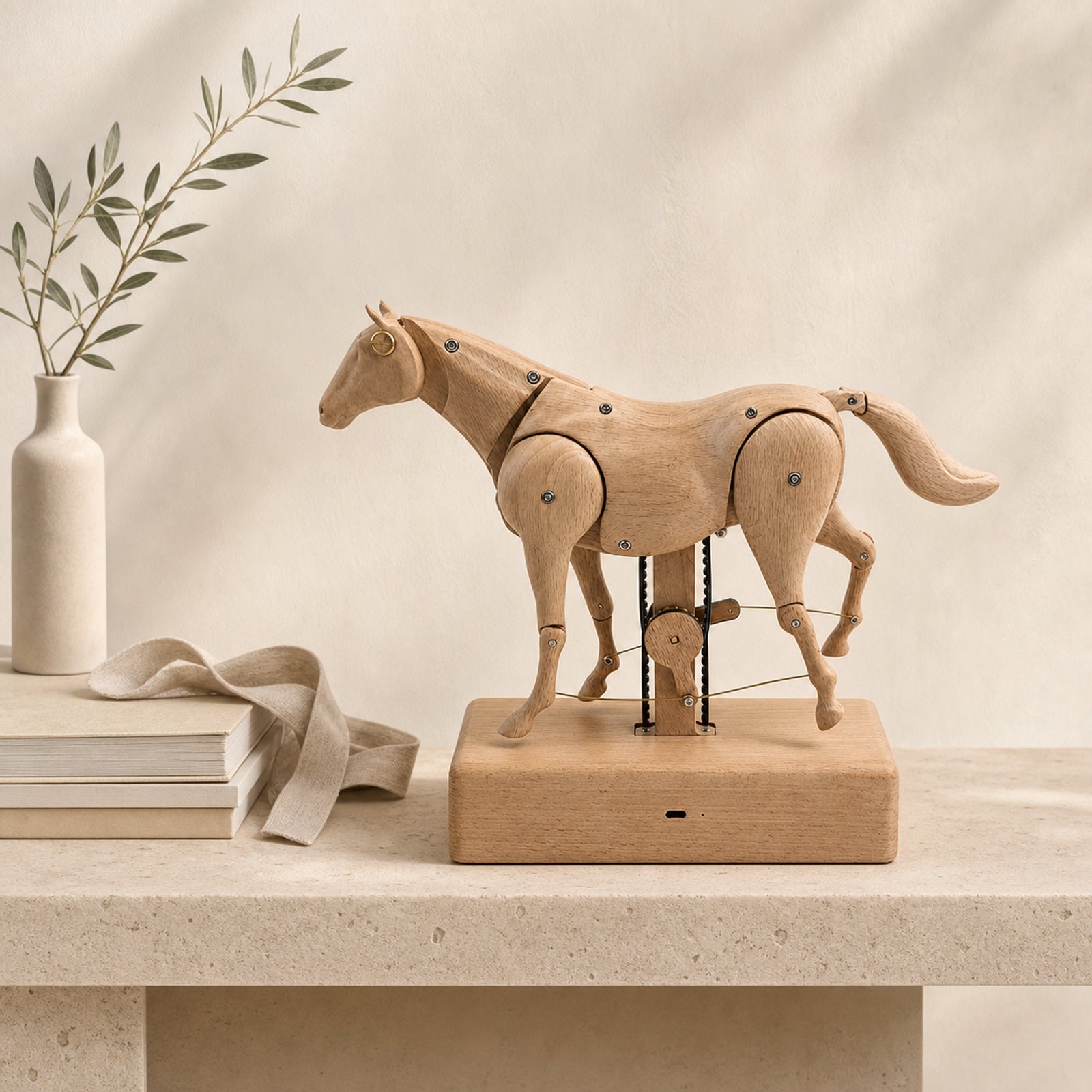 Wooden horse automaton styled on a minimalist entryway console
