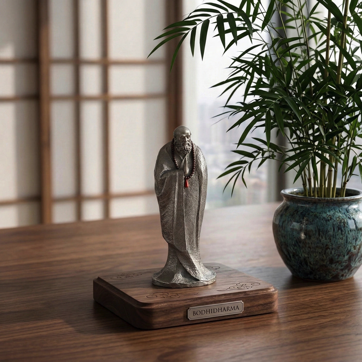 Zen Sage Bodhidharma Meditation Statue – White Copper Zen Desk Sculpture