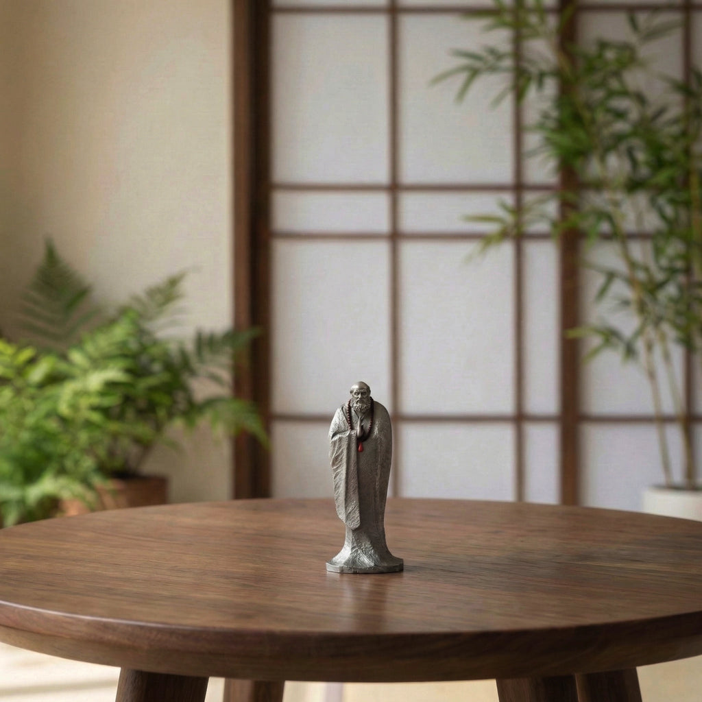 Zen Sage Bodhidharma Meditation Statue – White Copper Zen Desk Sculpture