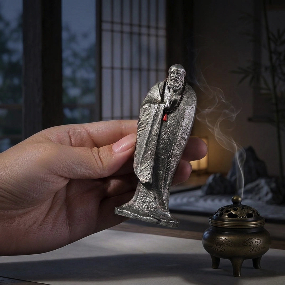 Zen Sage Bodhidharma Meditation Statue – White Copper Zen Desk Sculpture