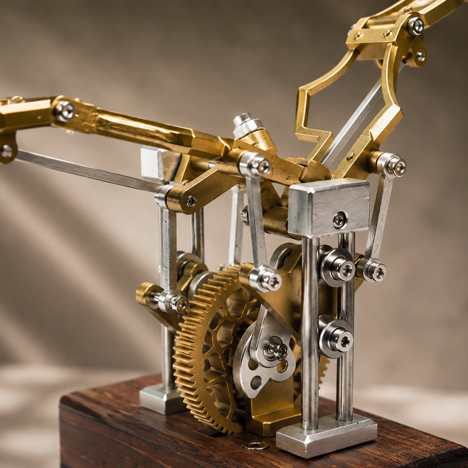 Gold Kinetic Angel Wings Sculpture gear and linkage closeup