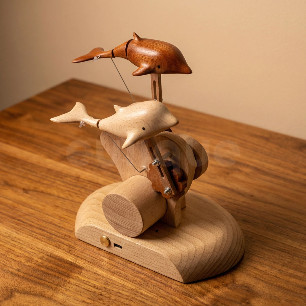 Handcrafted Wooden Dual-Dolphin Automaton