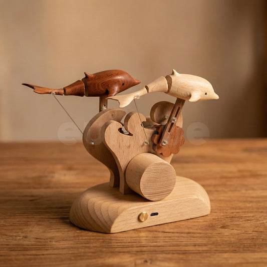 Handcrafted Wooden Dual-Dolphin Automaton