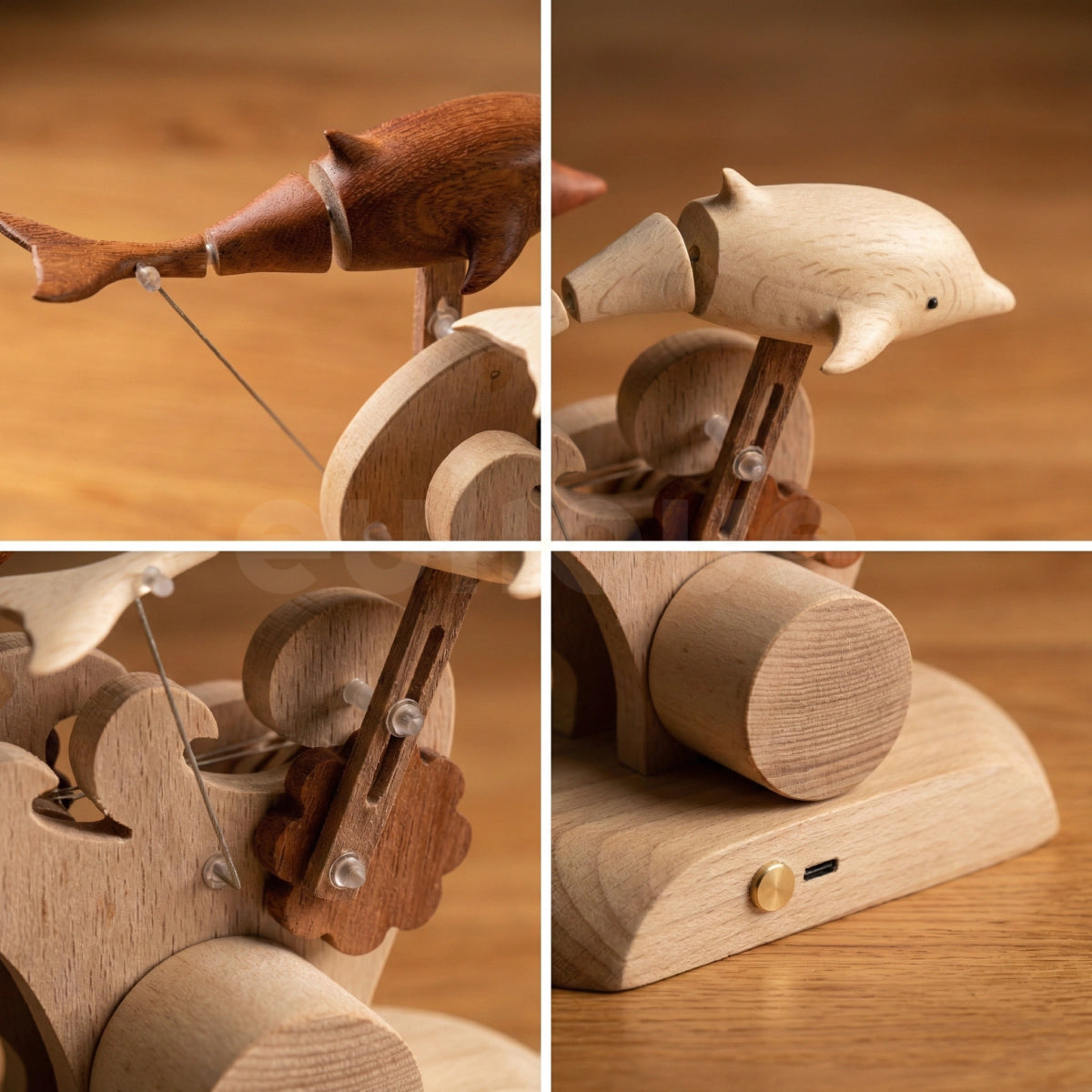 Handcrafted Wooden Dual-Dolphin Automaton