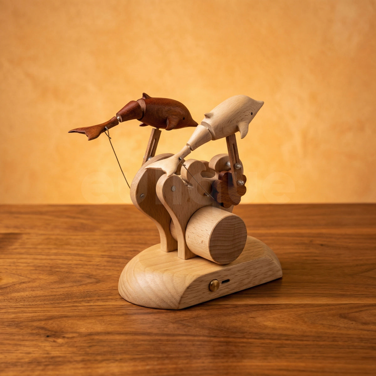 Handcrafted Wooden Dual-Dolphin Automaton