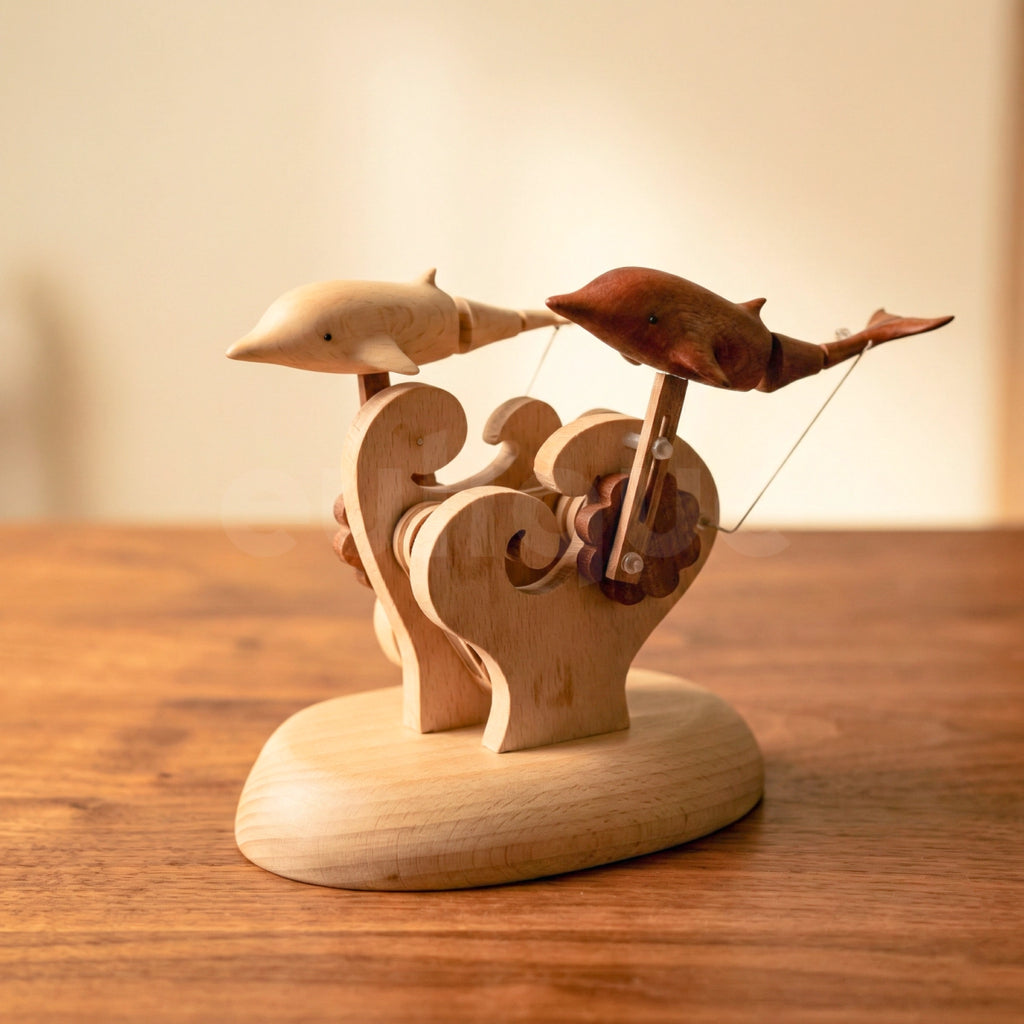 Handcrafted Wooden Dual-Dolphin Automaton