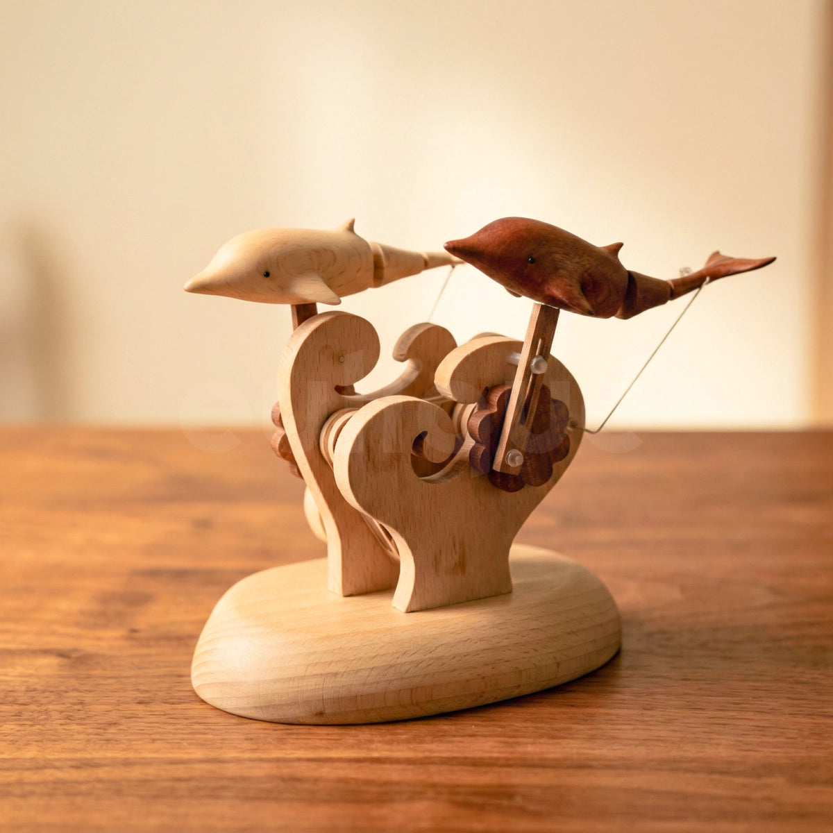 Handcrafted Wooden Dual-Dolphin Automaton