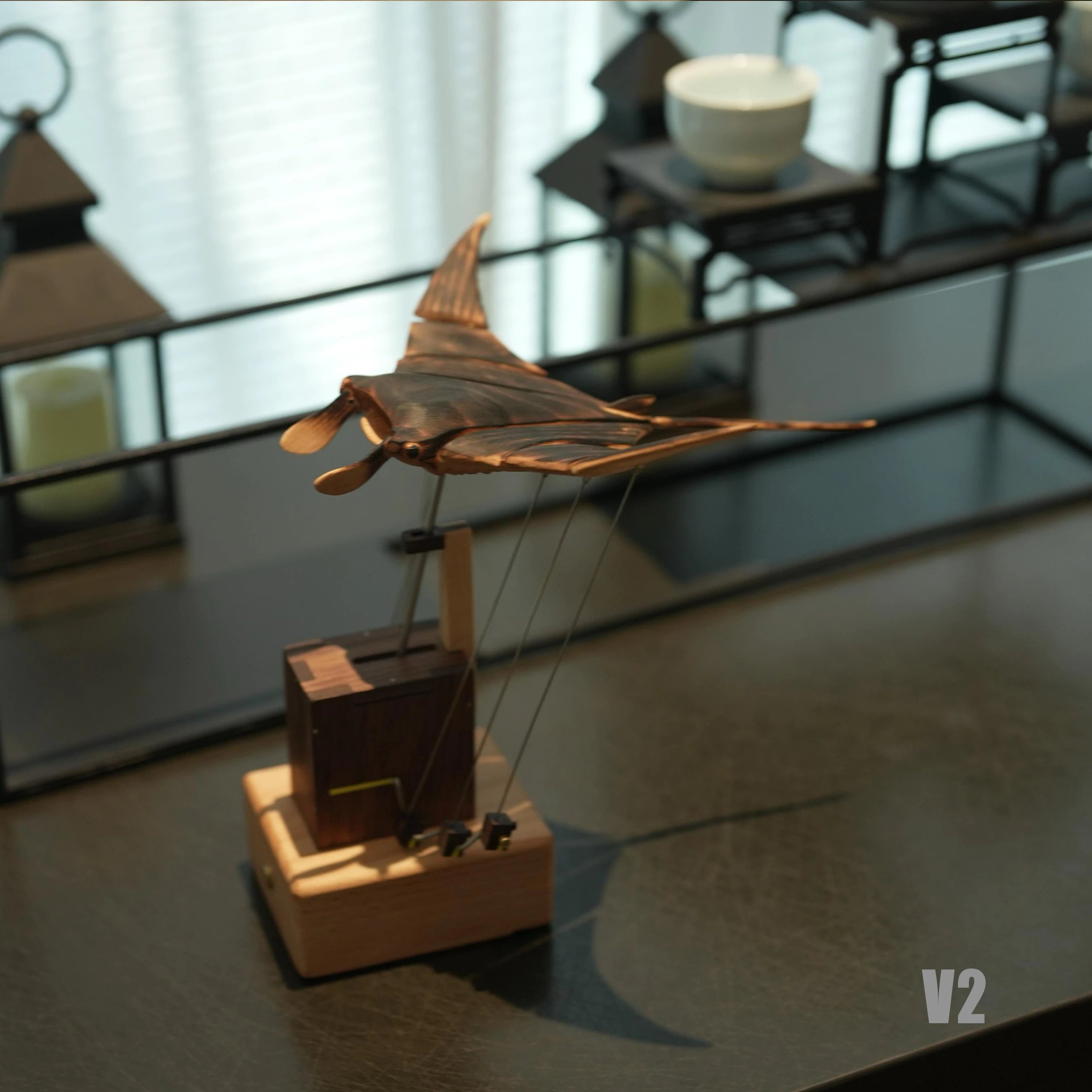 Handcrafted Wooden Manta Ray Automaton