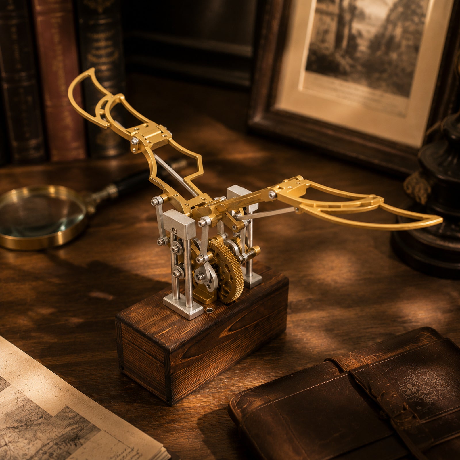Gold Kinetic Angel Wings Sculpture displayed on a desk