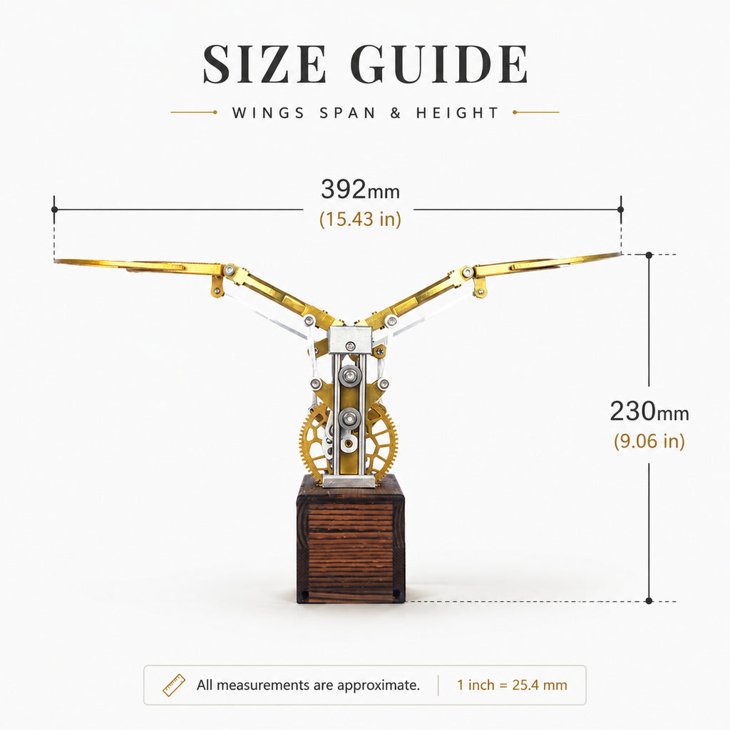 Kinetic Angel Wings Sculpture size guide with wingspan and height