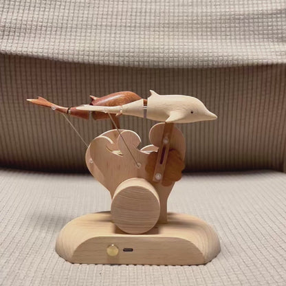 Handcrafted Wooden Dual-Dolphin Automaton