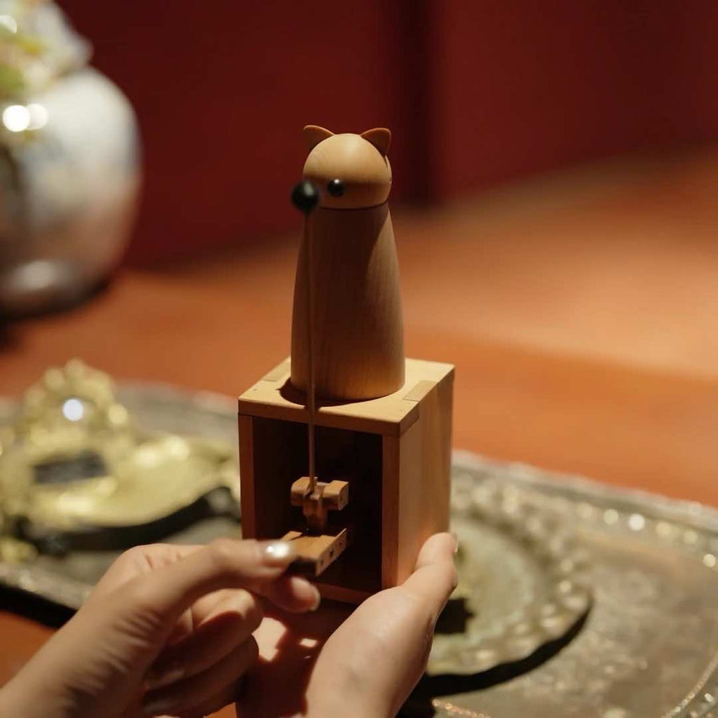 Handcrafted Wooden Cat Automaton – Interactive Desk Toy