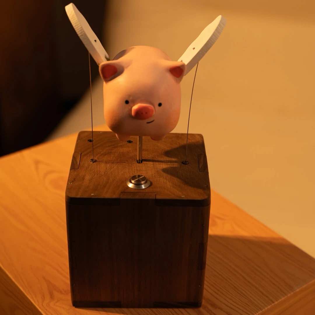 Handcrafted Wooden Flying Piggy Automaton