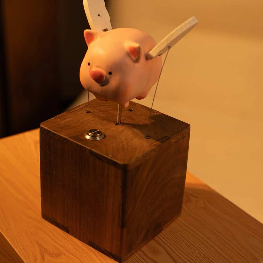 Handcrafted Wooden Flying Piggy Automaton