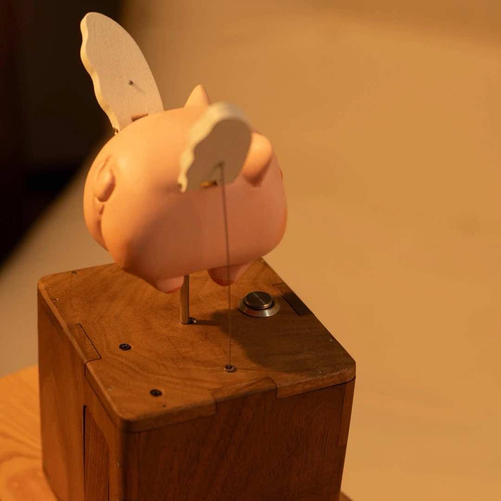 Handcrafted Wooden Flying Piggy Automaton
